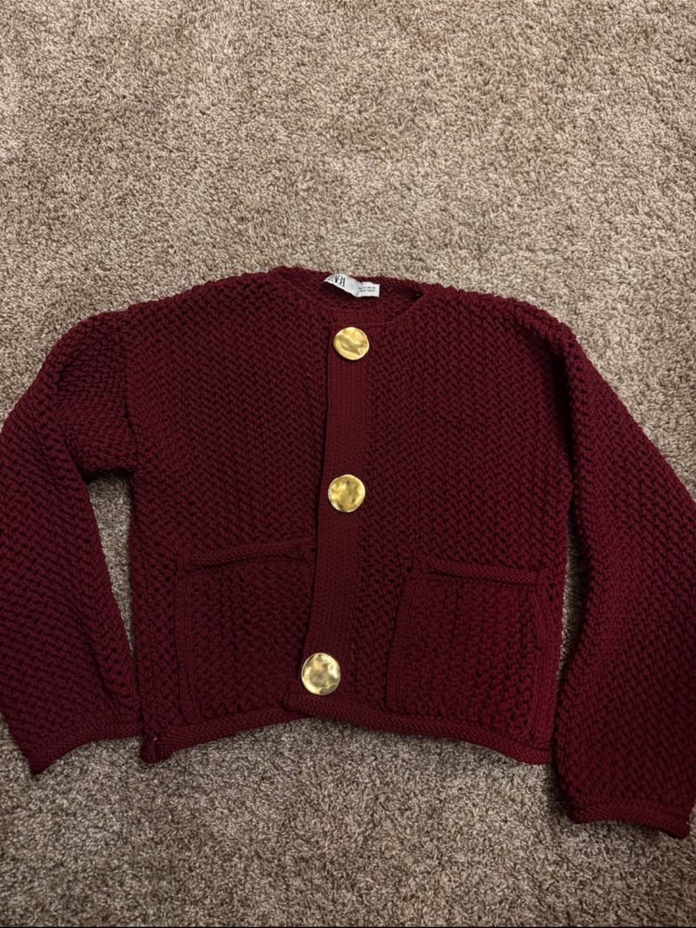 Women's Maroon Chunky Knit Button Cardigan - Zara  Brand burgundy